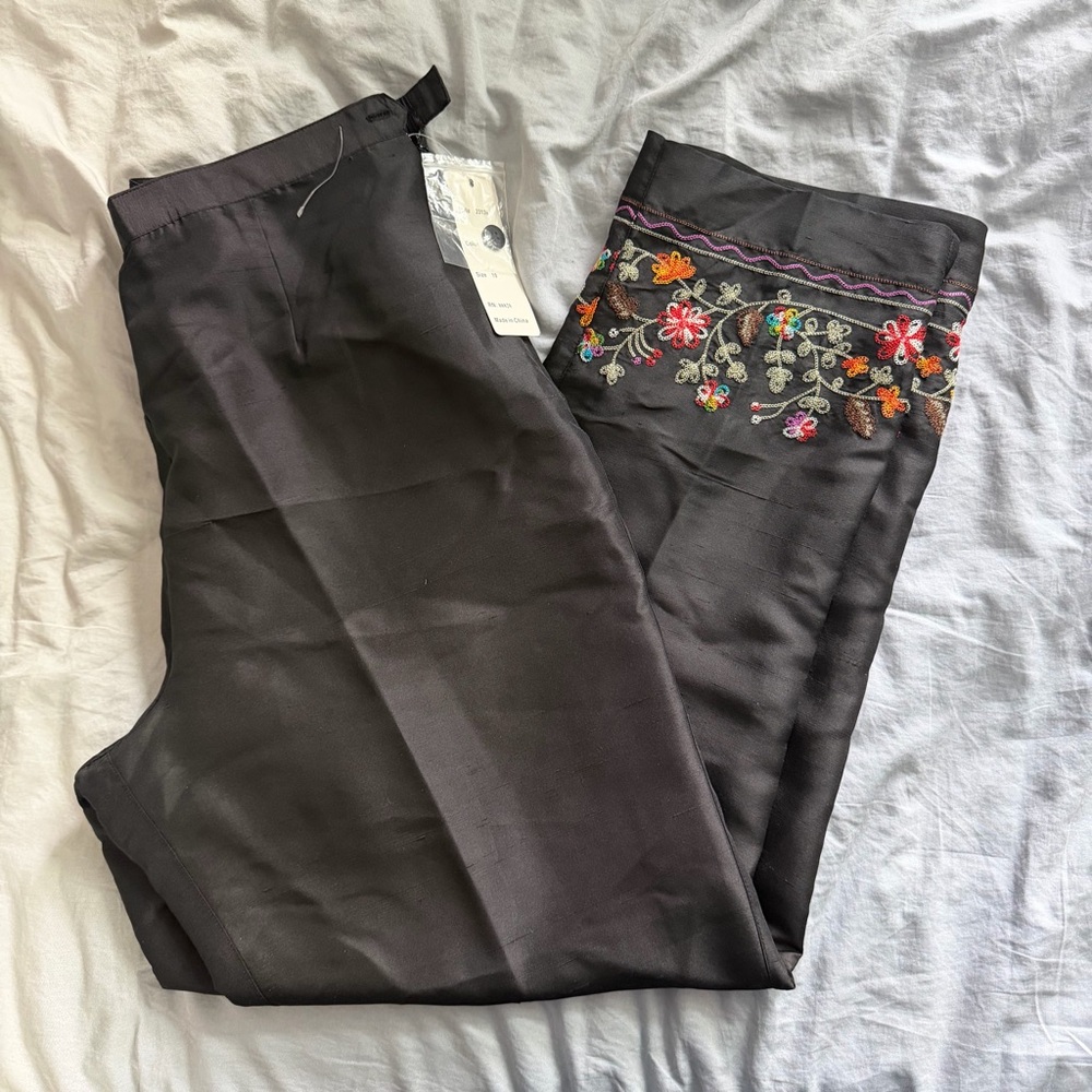 SilkLand Black Silk Pants with Multicolor Embroidery like Johnny Was